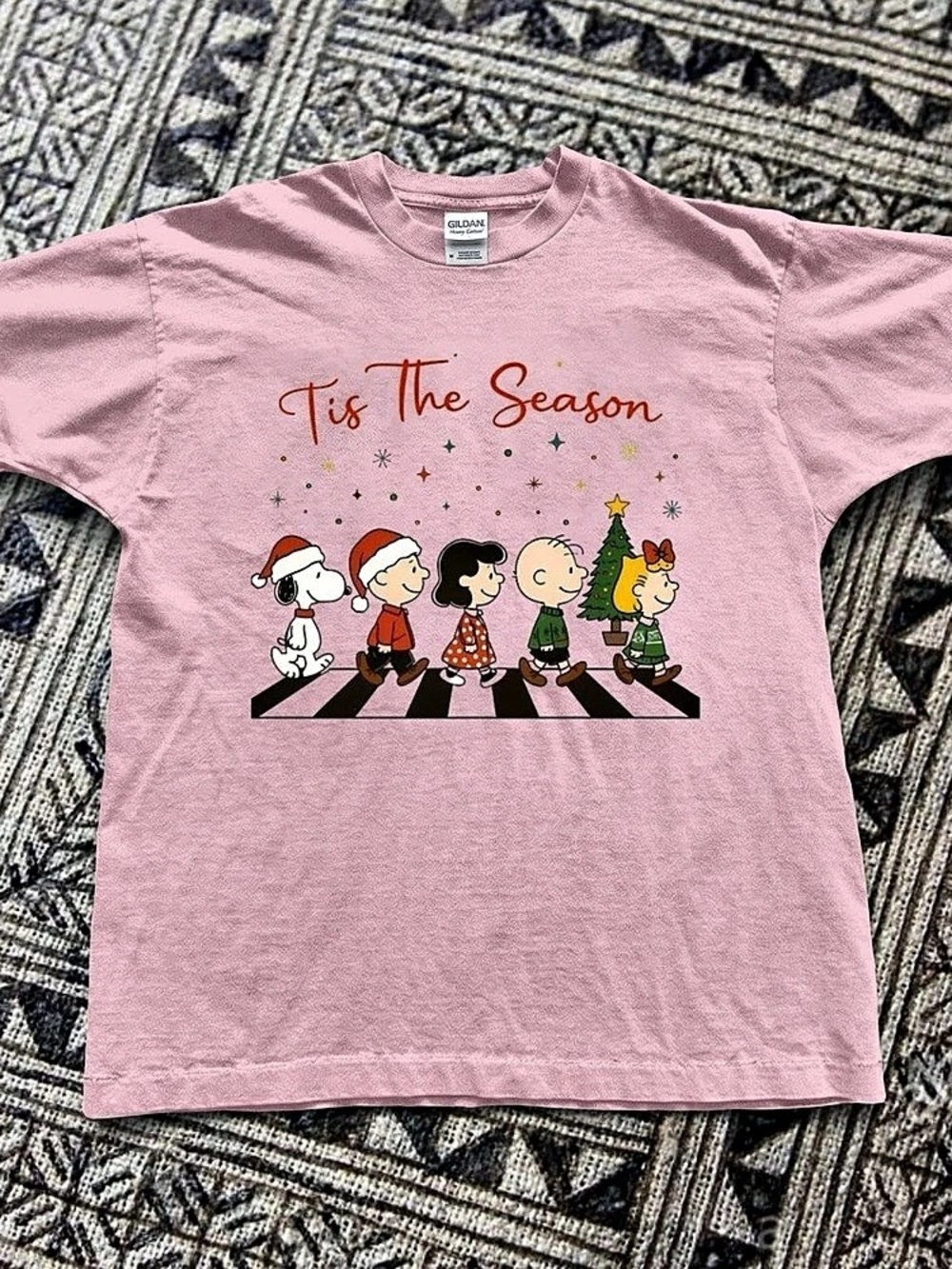 Peanuts Christmas Tee, Cute Holiday Graphic T-shirt, Retro Xmas Pink Tee